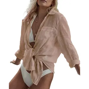 Women Long Sleeve Beach Shirt Blouses Bathing Suit Cover Up Button Down CollarGift