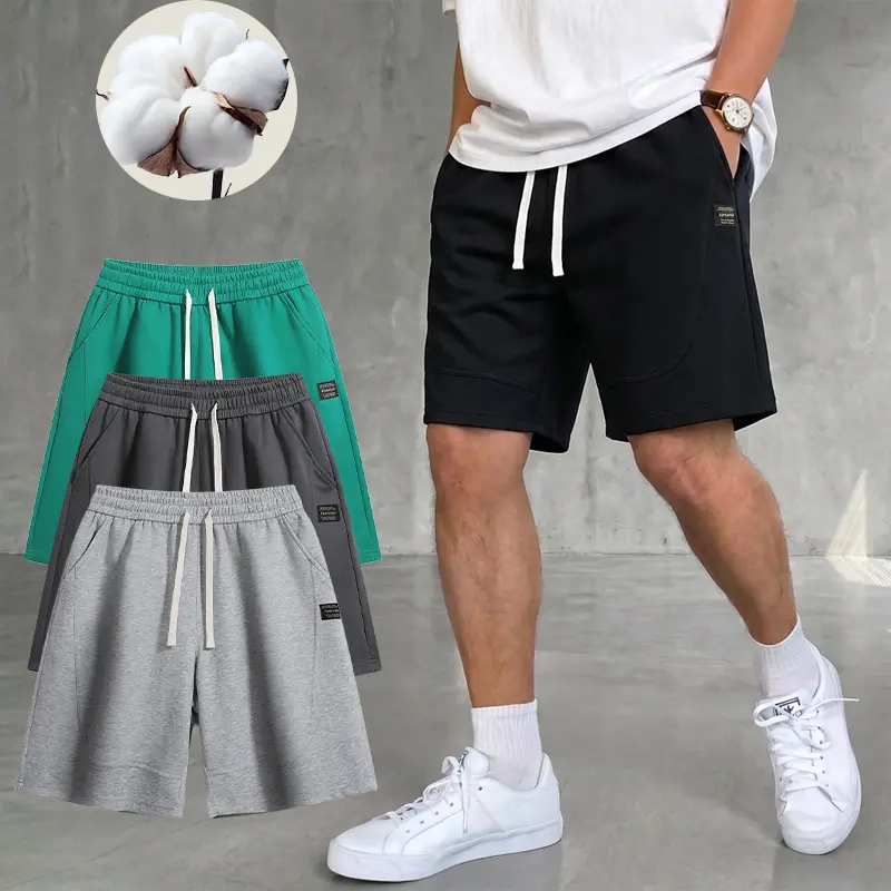 Men's Drawstring Bermuda Shorts - Korean Casual Menswear, Lightly Mature Solid Black, Smooth Thick Pure Cotton, Athletic, Pilling-Resistant, Deformation-Resistant, Flat-Stitched Curved Pockets, Basic Understated Versatile
