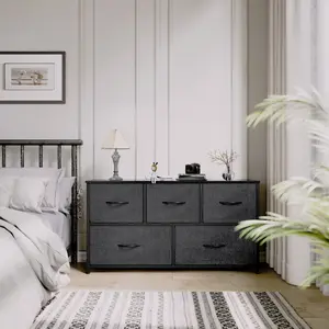 Yitahome Wide Storage Tower with 5 Drawers - Fabric Dresser, Organizer Unit for Bedroom, Living Room, Closets - Sturdy Steel Frame, Easy Pull Fabric Bins & Wooden Top (Black/Grey)