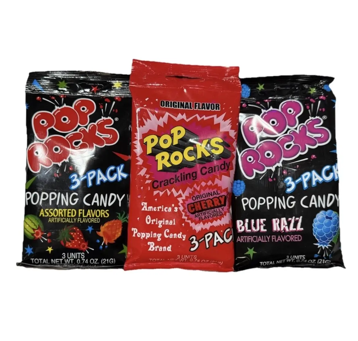 3 Pack Pop Rocks Popping Candy - 0.74oz  per Pack - 1 Pack with 3 Pieces - Blue Razz, Cherry & Assorted Flavor - Sweet Candies Fruity Snack Bonbon Raspberry Watermelon Strawberry Party Candy outdoorfun
