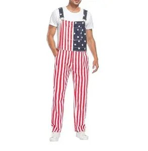 Yuanbang Adjustable Denim Overalls, American Flag Coveralls Menswear with Zip,  Men's Casual Rompers,USA Bibs Jumpsuits with Pockets