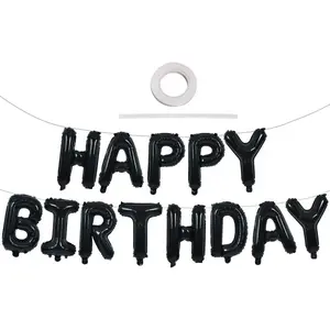 Black Happy Birthday Balloons Banner 16 Inch Mylar Foil Letters Birthday Sign Banner Bunting Reusable for Girls Boys Kids & Adults Birthday Decorations and Halloween Party Supplies