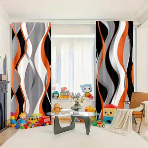 2pc striped line art curtains, Window Curtain, orange, black, and white geometric abstract print curtains, suitable for dormitories, bedrooms, living rooms, apartments for home decoration