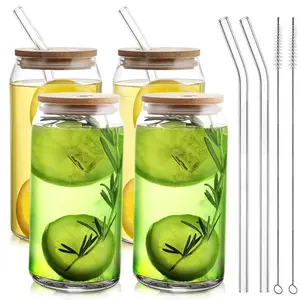 Glass Cups with Bamboo Lids and Straws 4pcs Set, 16oz Can Shaped Drinking Beer Glasses, Iced Coffee Cups, Cute Tumbler Cups with 1 Cleaning Brush, Ideal for Cocktail, Whiskey, Tea, Gift
