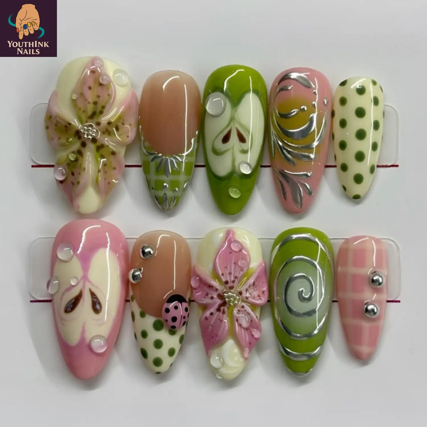Weird Nature Garden Handmade Press On Nails, Green Pink Floral Ladybug Art, 3D Gel Abstract Swirl Design, Reusable Custom Size, Unique Gift