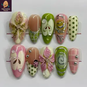Weird Nature Garden Handmade Press On Nails, Green Pink Floral Ladybug Art, 3D Gel Abstract Swirl Design, Reusable Custom Size, Unique Gift