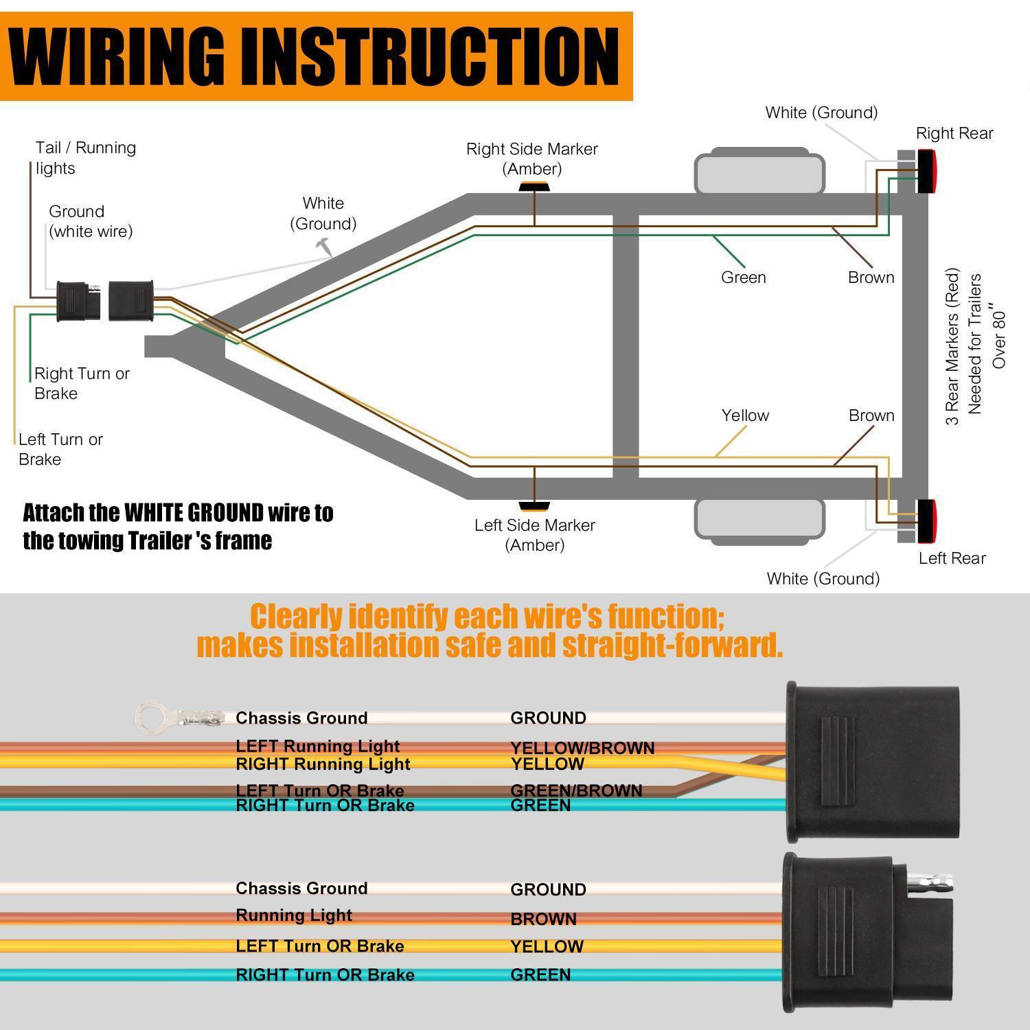 25FT 4 Pin Flat Trailer Wiring Harness Kit | Wishbone Style 4-Way Trailer Light Harness for Tail Lights | Plug & Play for Utility Boat Trailer | LED Compatible