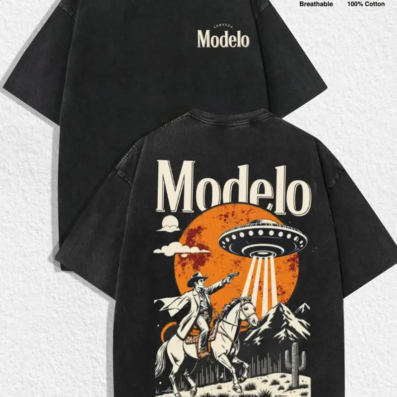 1 PCS Retro Washed Black Short Sleeve T-Shirt, Front Mini "Modelo" Print + Back UFO & Cowboy Desert Graphic, Sci-Fi Western Streetwear Style, 100% Cotton Unisex Oversized Tee, Casual Hangouts, Great Gift for Sci-Fi & Western Fans