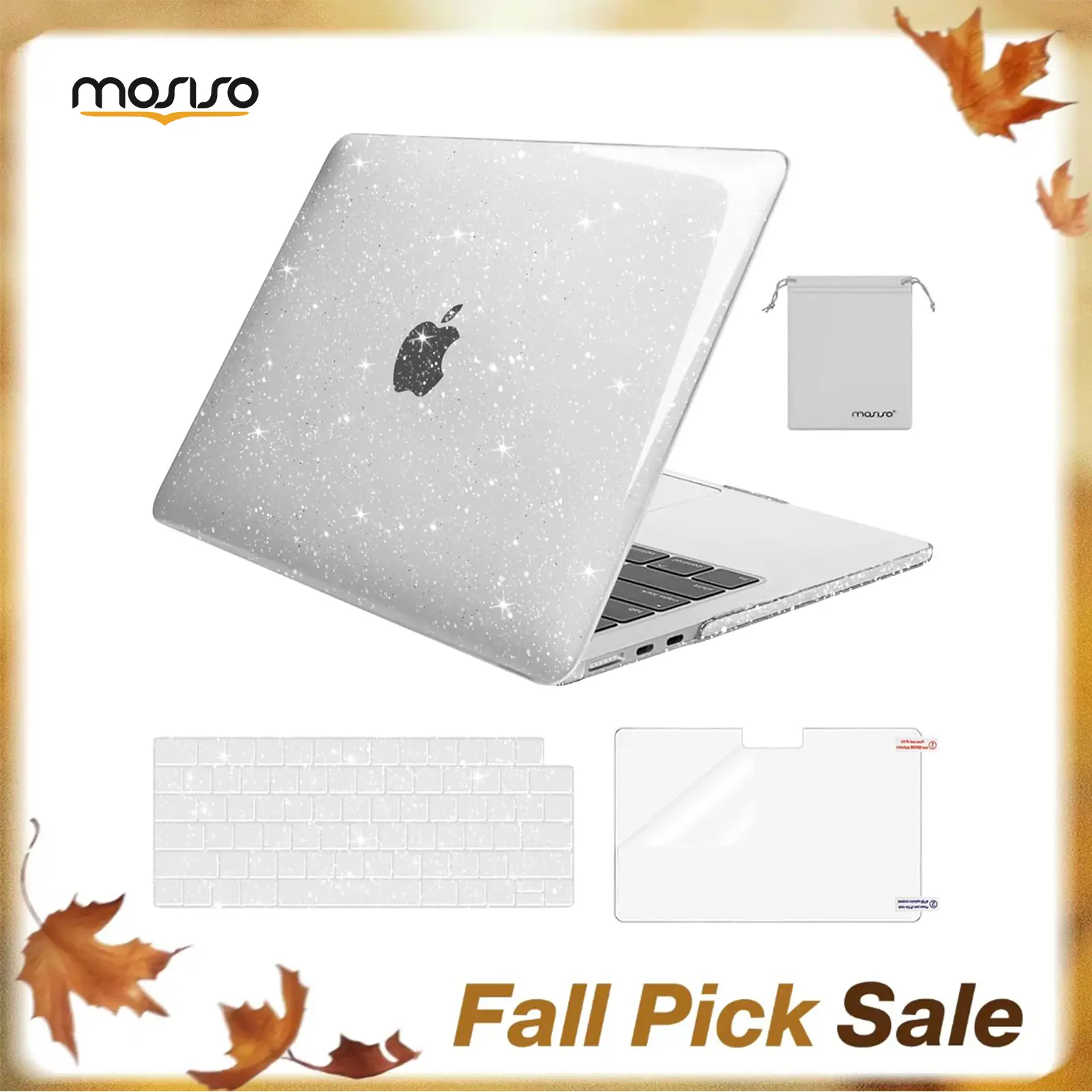 MOSISO Glitter Bling 4-in-1 Hard Shell Protection Set, Exact-Fit Polycarbonate Case for Specific MacBook Air (13in/13.6in, 2022-2026 M2-M5, A2681-A3449) with Screen Protector, 2 Keyboard Covers, Dustproof, Flexible, Water-Resistant for School, Office Use