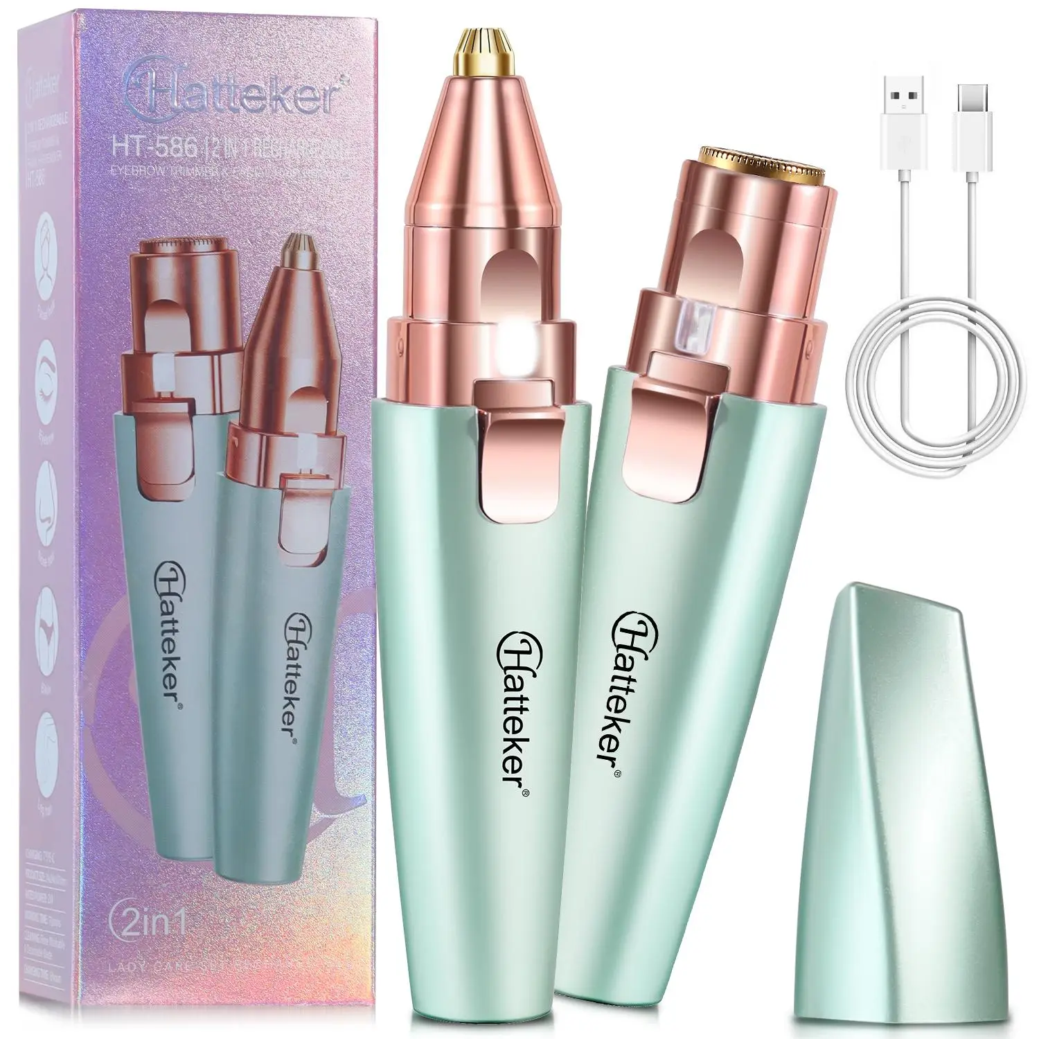 2 in 1 Electric Eyebrow Trimmer, 2pcs/set Portable Eyebrow Shaver with LED Light, USB Rechargeable Facial Hair Removal Tool for Women, Eyebrow Shaping Kit