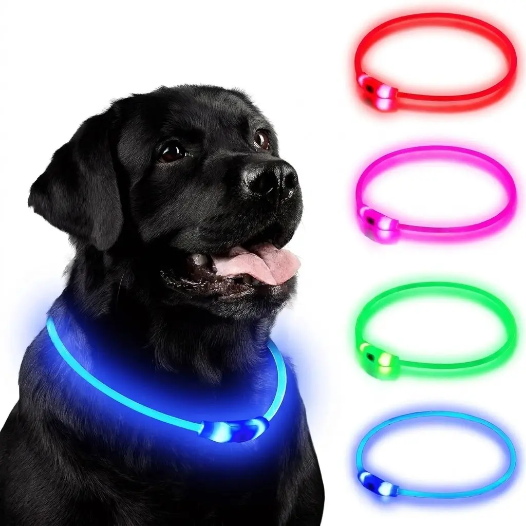 Rechargeable Bright LED Dog Collar - Non-Customized, Croppable, IP67 Waterproof, Adjustable, Strobe Function, Easy to Use, Versatile Use, Reusable, All Sizes Fit Small/Medium/Large Dogs, LED Lights for Night Walking Visibility (Red, Pink, Green, Blue)