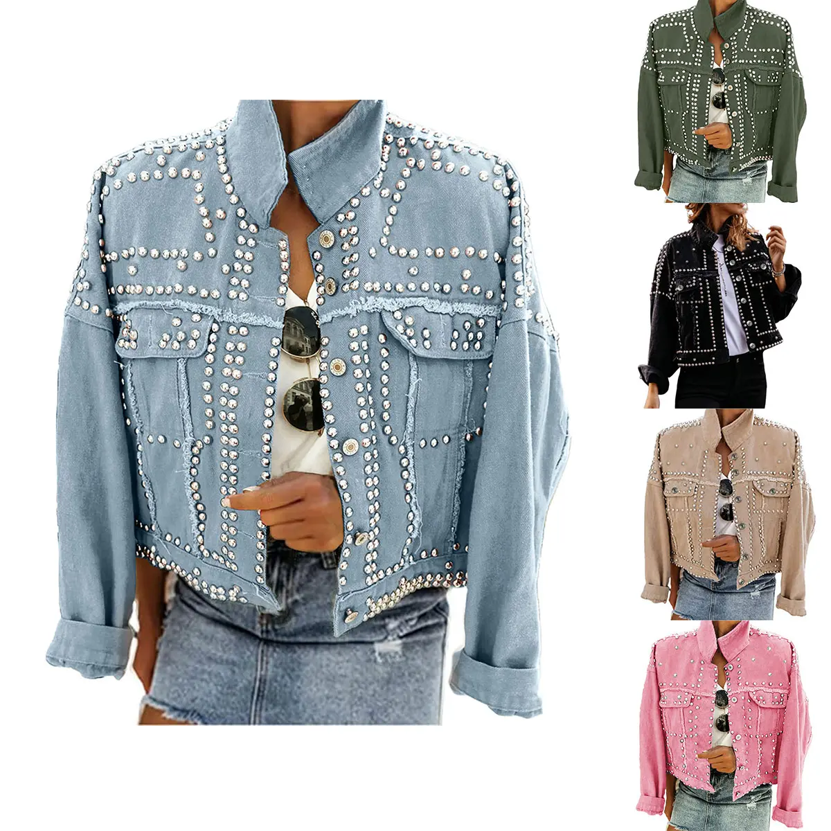 Ommig Women's Pearl & Rivet Studded Washed Denim Jacket, Casual Short Loose Fit Long Sleeve Button-Up Outerwear, Longsleeves, Sleeved, Club, Athletic, Holiday