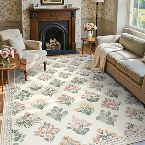 Bohemian Vintage Floral Living Room Carpet, Luxury Anti-Slip Rug, Boho Area Rugs, Home Decor for Bedroom, Dining Room, Office, Washable Floral Rug