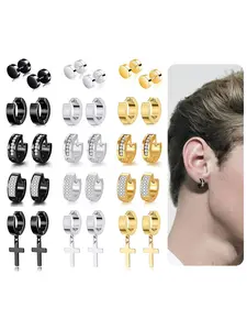 15 Pairs Hoop Earrings Stainless Steel Dangle Hinged Earrings Hoop Huggie Earrings Barbell CZ Stud Ear Piercing Jewelry Set for Men Women Silver Black Gold Tone Ear Accessories