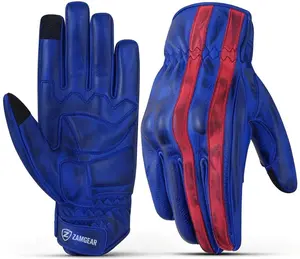 Motorcycle Leather Gloves Blue Red Stripe Knuckle Protection Touchscreen & Padded Palm ZamGear