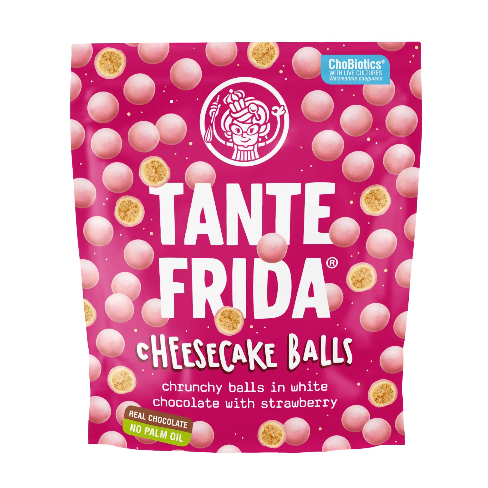 Tante Frida Cheesecake Balls in White Chocolate with Strawberry - Crispy Wheat Balls in 74% White Chocolate - Real Chocolate No Palm Oil