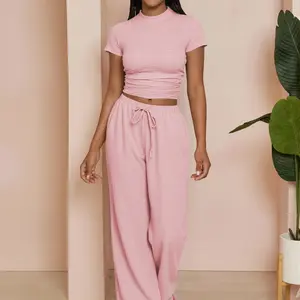 USBOUTIQUECHIC Slim-Fit Crop Top & Pants Two-Piece Set, Solid Color V-Neck Short Sleeve for Spring and Summer, Airport Outfit