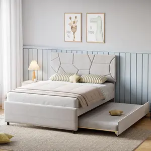Queen Size Upholstered Platform Bed with Twin Trundle Pull Out Bed Frame with Headboard Wood Slats for Guest and Kids Rooms