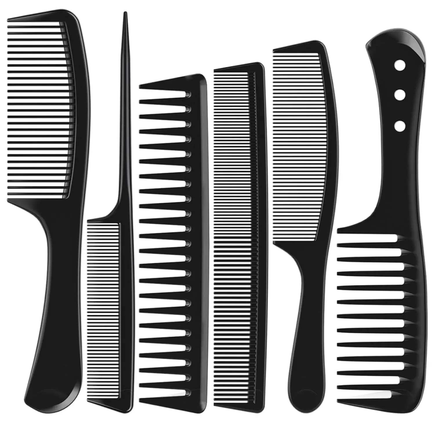 Kolavia 6 PCS Carbon Fiber Barber Comb Set, Black Durable Fine-Wide Tooth Rat Tail Combs for Women's Hair - Smooth Glide for Straight-Curly Wet Natural Hair Detangling, Parting, Styling (Barber/Salon Use)