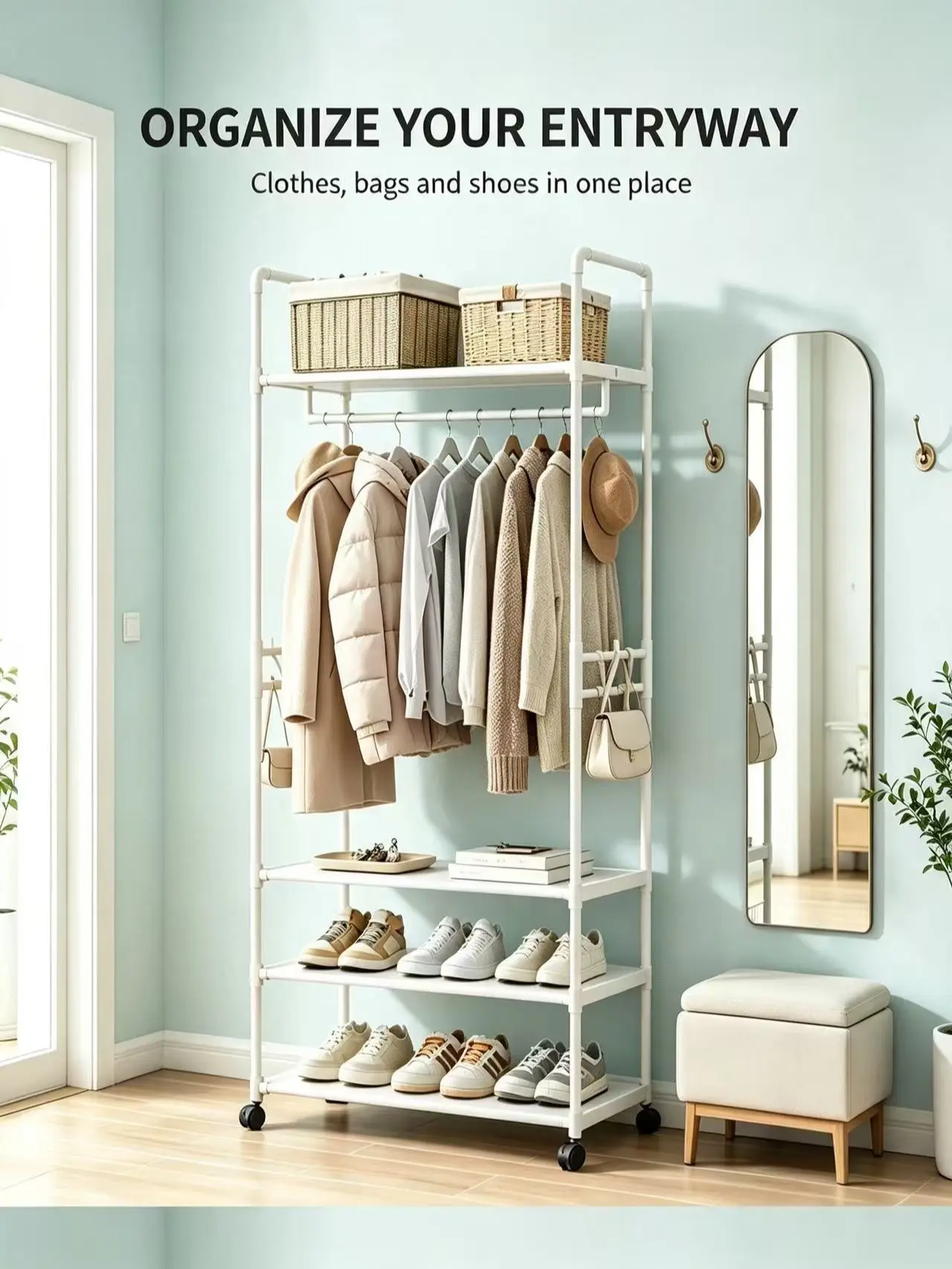 Multifunctional Garment Rack with 4-Tier Shoe Storage, Rolling Clothes Rack with Side Hooks, Mobile Freestanding Clothing Organizer for Entryway Bedroom Small Apartment, Black & White Available