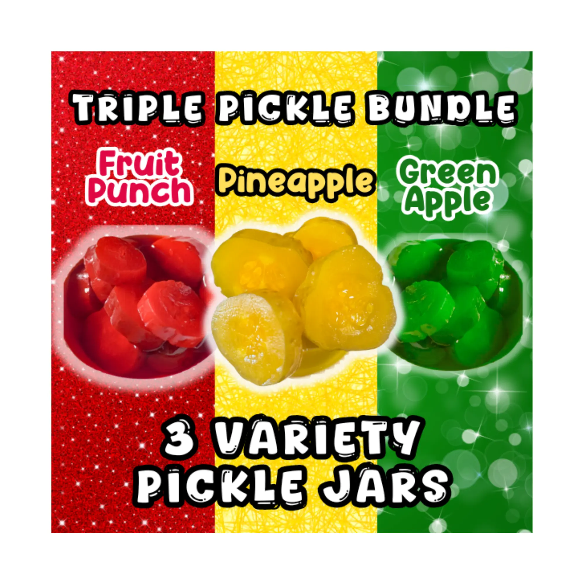 Triple Pickle Bundle - 3 Bag Variety Pack - Fruit Punch Pineapple & Green Apple Koolaid Flavored Pickle Pouches - Tangy Sweet Sour Snacks Candy Bonbon