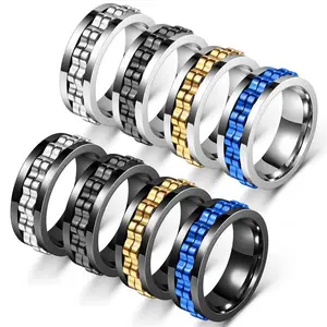 Anti Stress Stainless Steel Ring For Men Gear Chain Rotating Anxiety Relief Spinning Fidget Rings Punk Jewelry Size 6-13
