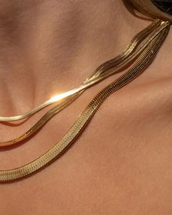 Gold Plated Herringbone Stainless Steel Chain Necklace for Women, Flat Snake Design, Smooth Shine,Unisex Daily Layering,   for adulting women,men's   jewelry   back-to-school girlfriend gifts birthday anniversary