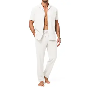 Dokotoo Men's 2-Piece Beach Outfit - Short Sleeve Button-Up Shirt & Below-Ankle Drawstring Pants - Casual Summer Suits for Men