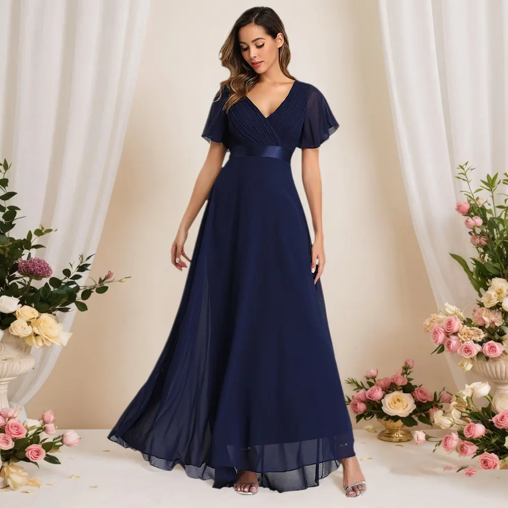 Women's 2026 Spring Summer Polyester Chiffon Maxi Dress - Double V-Neck, Flutter Short Sleeves, Hand-Pleated, Light Flowy Big Swing Bridesmaid Dress for Wedding Guest Formal Birthday Events, Plus Size Casual Option