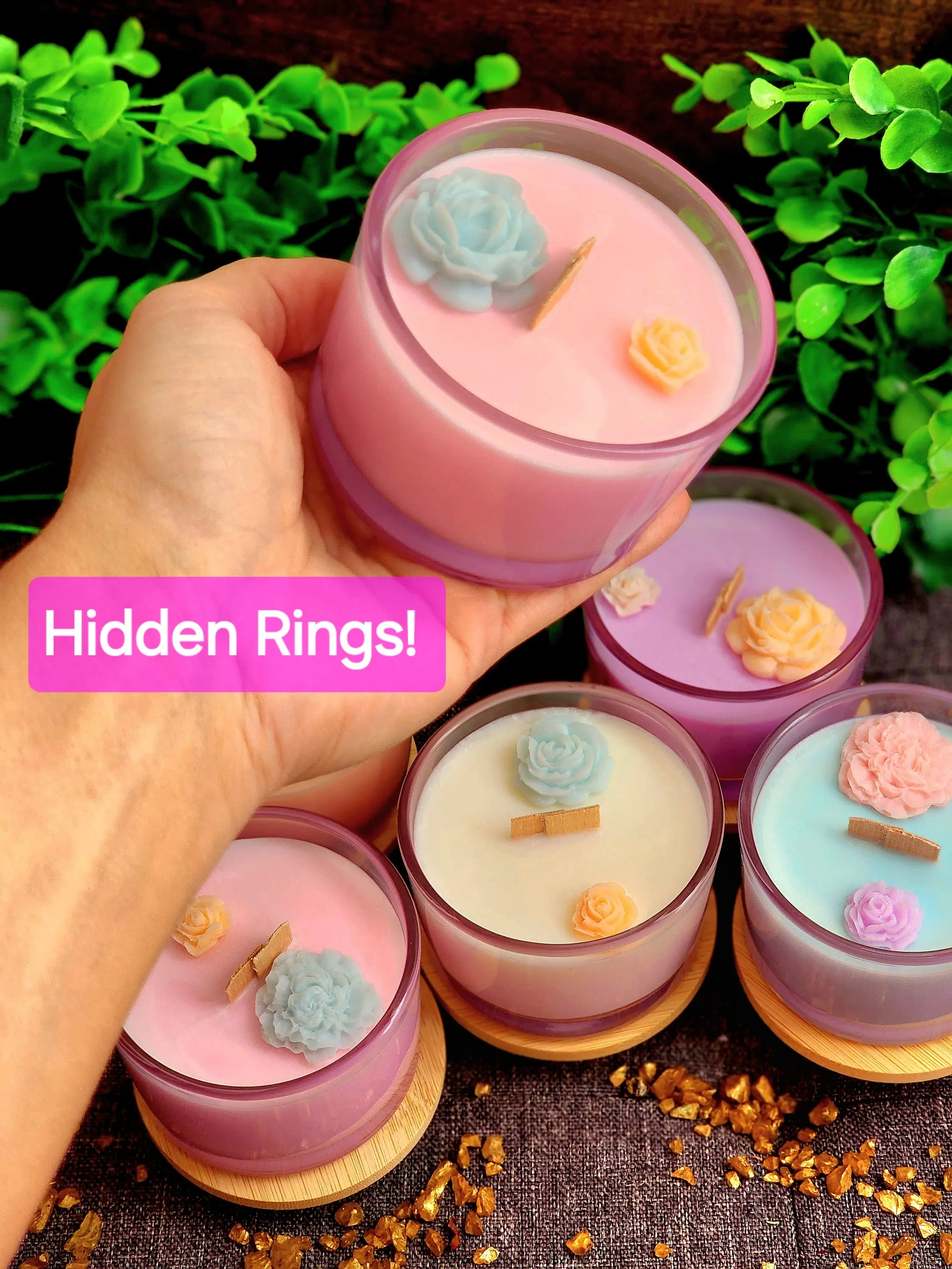 Hidden Jewelry | Fluorite Ring Candle | Oval or Butterfly Surprise | Gemstone Crystal | Pink Glass