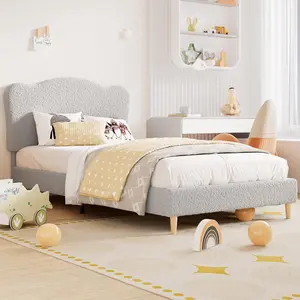 Upholstered Twin Size Bed Frame for Kids with Scallop Headboard, Cute Velvet Twin Bed for Girls, Boys, Sturdy Platform Bed, No Box Spring Needed, Wooden Slats, Noise Free, Light Grey
