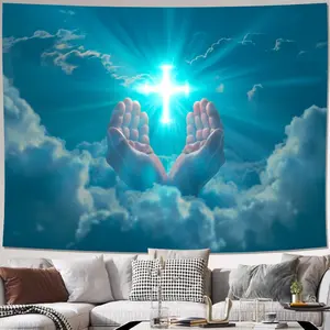 1pc Polyester 2D Flat Shining Prayer-Theme Cloth Backdrop with Christ Cross & Raised Hands Print, Home Supplies for Living Room Decor, Religious Birthday Ornament with Installation Package, Christ Cross Print