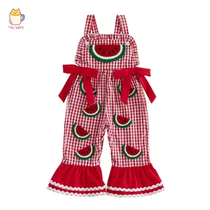 toddler Girls Watermelon Flower Embroidery Overalls Adorable  Sleeveless Square Collar Plaid Bell Bottoms Jumpsuit
