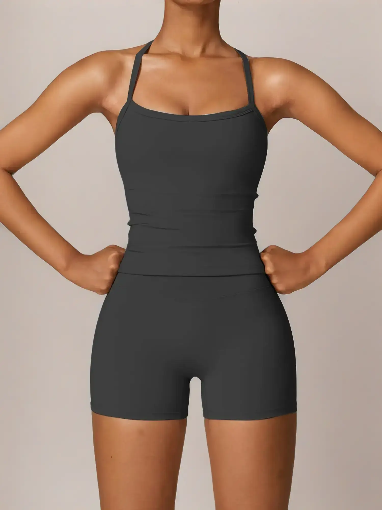 Women's Solid Backless Cami Top & Skinny Shorts Tracksuit Set, Athleisure Activewear Set, Sporty Casual Breathable Sleeveless Top & Shorts Set for Yoga Gym Workout Running, Ladies Sportswear for All Seasons