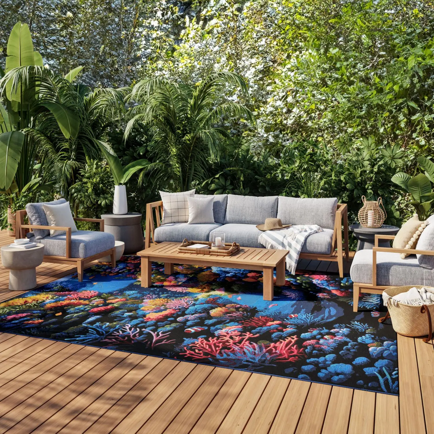 Nourison Color Splash Ocean Multicolor Poly Blend Flat Weave Indoor-Outdoor Area Rug - Marine Life Easy-Care Home Decor Accent for Living Rooms