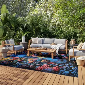 Nourison Color Splash Ocean Indoor/Outdoor Flatweave Polyester Rug, Washable Decorative Living Room Area Rug, Washable Area Rug