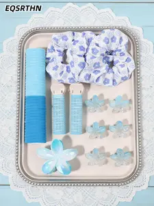 62pcs Large Scrunchie & Clip Combo, Dreamy Blue & White, Crease-Free, Ponytail Holder, for Voluminous Hair Trends, creating Big Wave effects, ideal for Students, Fashion Women Quick & Easy Hairstyling, Elastic Hair Accessory