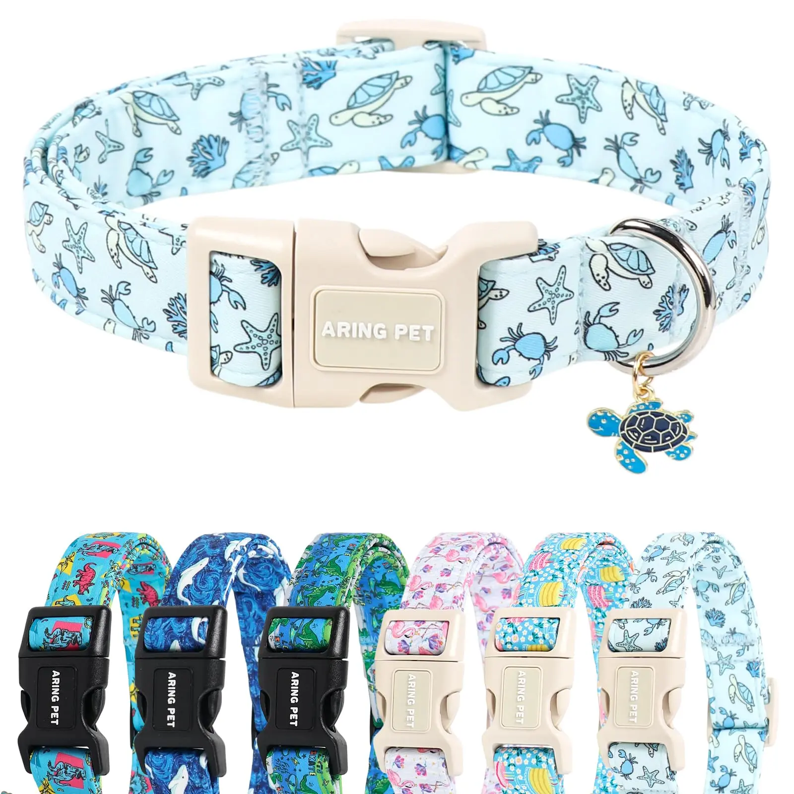 ARING PET Summer Dog Basic Collar - Cute Blue Ocean Sea Turtle, Crab, Starfish Design for Small, Medium, Large Dogs, Ideal for Beach Walking, Daily Photos tiktokshopbacktoschool