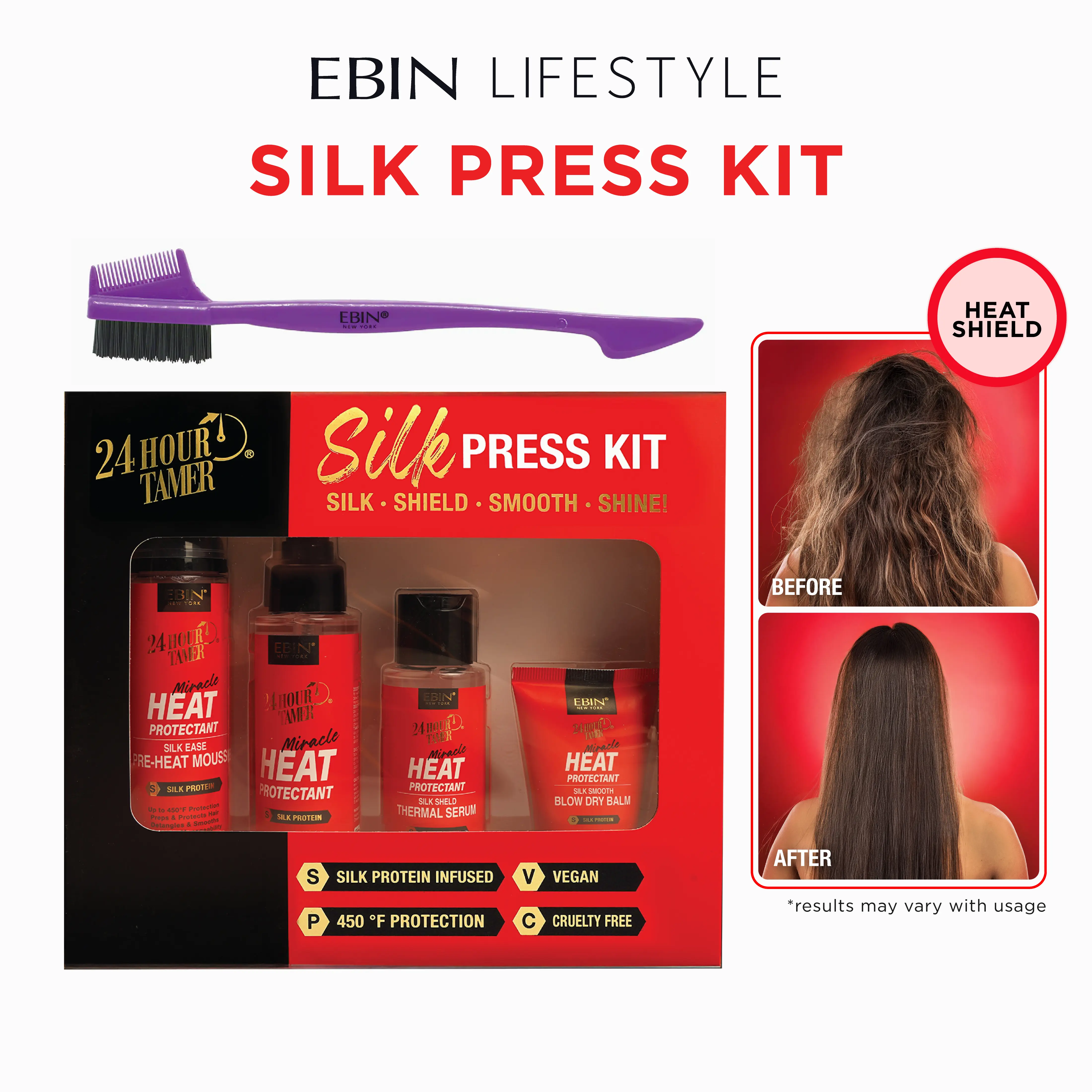 EBIN 24 Hour Tamer Heat Protectant Styling Kit with Free Edge Brush | 450°F Protection, Frizz Control, Lightweight Shine