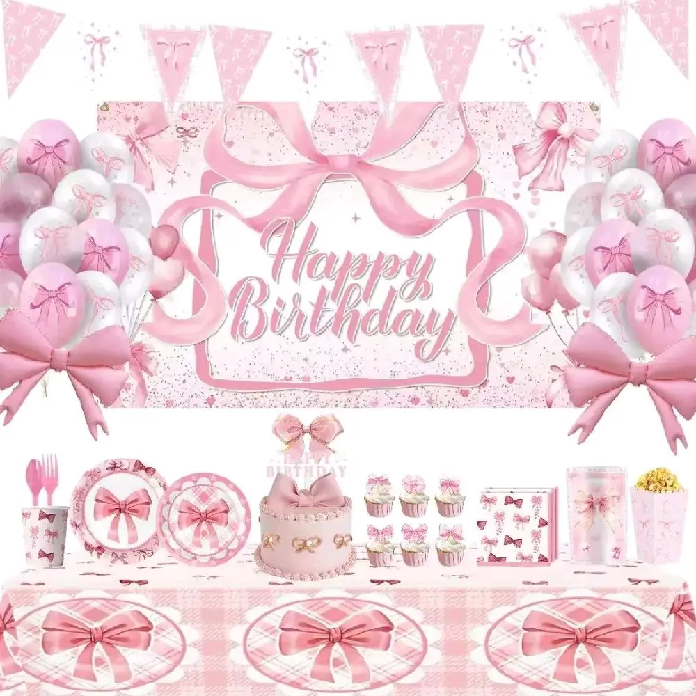 Pink Bow Party Supplies Set - Includes Balloons, Tableware, and Decorations for a Festive Birthday Celebration,Festive Decorations,Banner