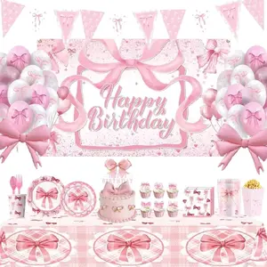 Pink Bow Party Supplies Set - Includes Balloons, Tableware, and Decorations for a Festive Birthday Celebration,Festive Decorations