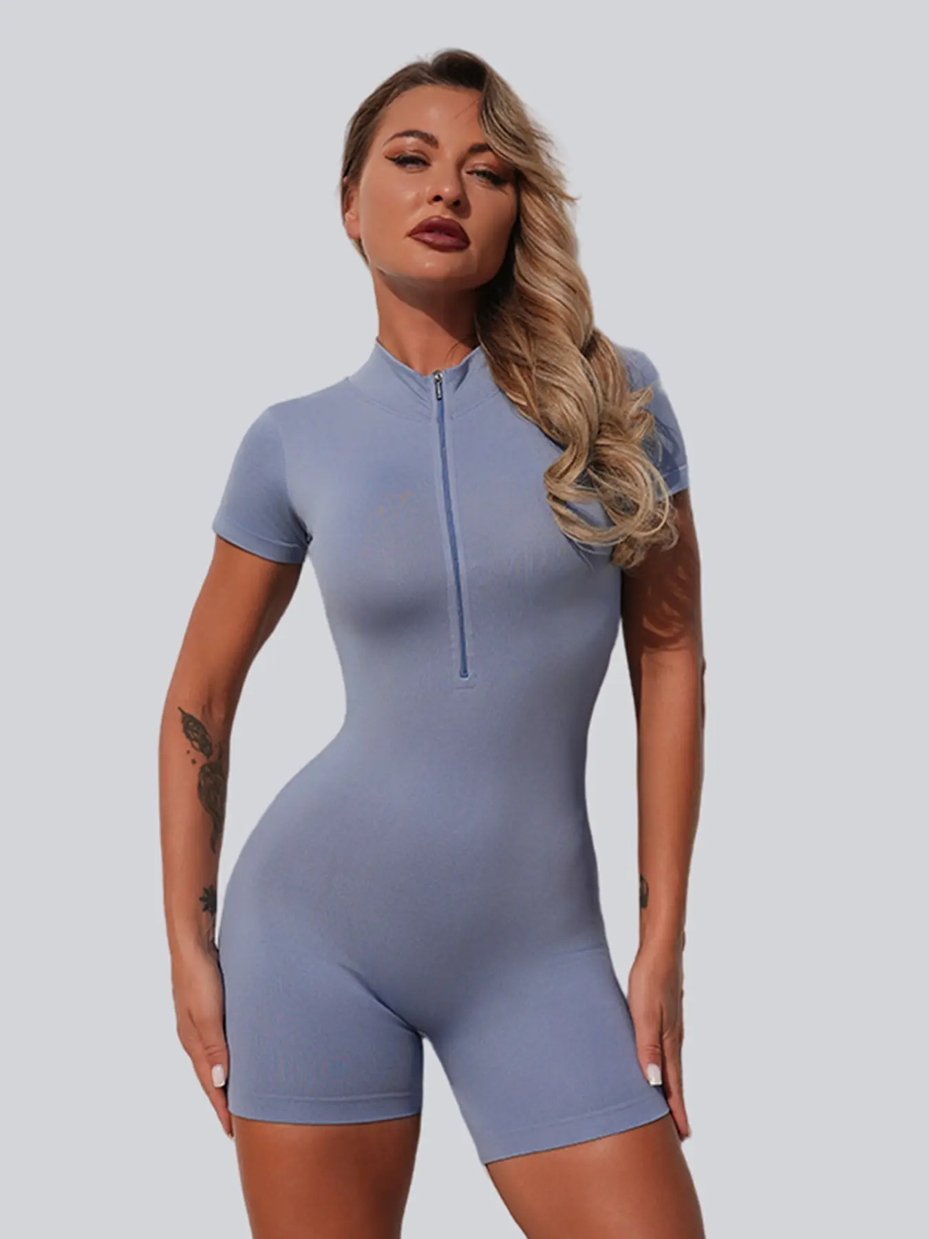 New Zipper Neck Moisture-Wicking Fitness Workout Activewear Jumpsuit Shorts, High Elasticity Waist Cinching Butt Lifting Sports Wear Zipper Shaping Jumpsuit, Sportswear Jumpsuits