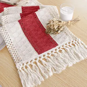 Table Runner for Home Decor with Tassels 72 Inches Long Farmhouse Red Rustic Boho Table Runner Macrame Burlap Table Decoration for Living Room Bridal Shower(12x72 Inches)