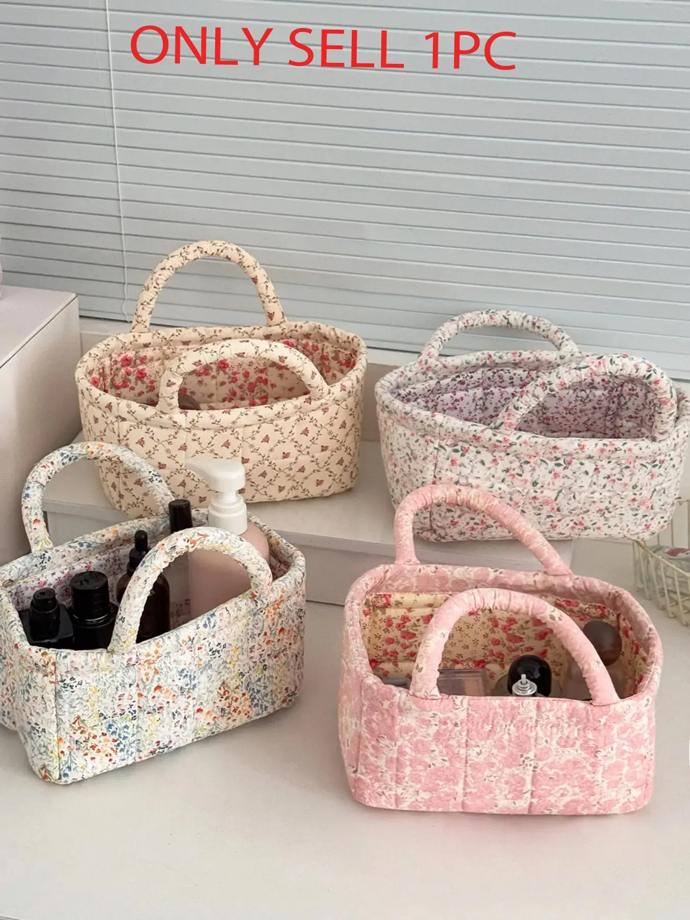 Floral Quilted Storage Basket with Handles, Aesthetic Fabric Organizer Tote for Cosmetics & Sundries, Cute Storage Bin for Bathroom, Vanity & Home Use, Organization Baskets, Storage Bins Baskets