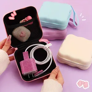 Square Wave Large Capacity Data Cable Storage Bag for CCD Camera Chargers, Headphones, Portable Travel Digital Devices, Cute Cartoon Style Storage Box.