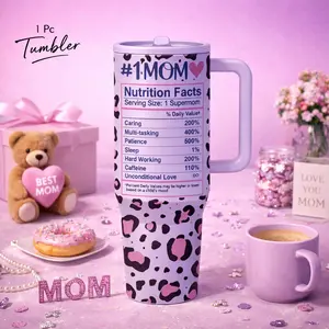 1 Pc 40oz insulated tumbler with handle, vacuum thermal mug, double wall stainless steel, keeps hot 12h cold 24h, leak proof lid with straw, #1 mom gift cup, leopard print pink design, for coffee tea water, travel mug for women, holiday gift idea