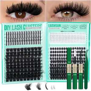 Lashsun 400PCS 4 Styles D Curl DIY Eyelash Clusters Kit, False Eyelash Clusters, 200D+Mega 100D Volume Lash Clusters with Spikes, Bottom & Wispy Clusters Eyelash Extensions Kit Mixed Length 5-21mm, Kit With Lash Bond and Seal Tweezers, Easy to Apply