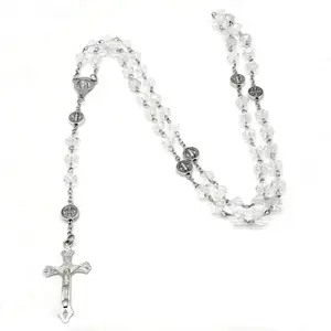 Colorful Crystal Beads Rosary Necklaces Cross Pendant Catholic Religious Necklaces for Men Women Jewelry Gift Long Chain
