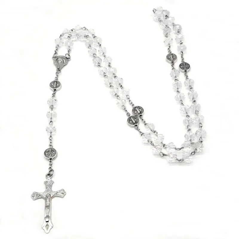 Crystal Beaded Cross Pendant Crucifix Necklace - Catholic Religious Bead Chain Statement Colorful Long Chain, Adult Women's Baptism Gift Accessory, Crucifix Necklaces, Bead Chain Necklaces
