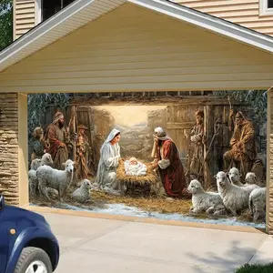 Christmas Garage Decoration Curtain, Jesus Birth Scene Holiday Decor, Sheep Shepherd Warm Setting, Festive Home Decoration Essential